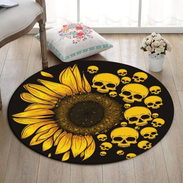 Skull Round Mat Skull Sunflower Round Floor Mat Room Rugs Carpet Outdoor Rug Washable Rugs