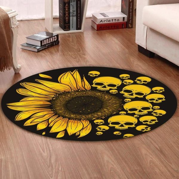 Skull Round Mat Skull Sunflower Round Floor Mat Room Rugs Carpet Outdoor Rug Washable Rugs - Image 2