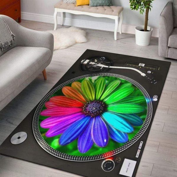 Hippie Flower Turnable Dj Rectangle Rug Carpet Washable Rugs - Image 2