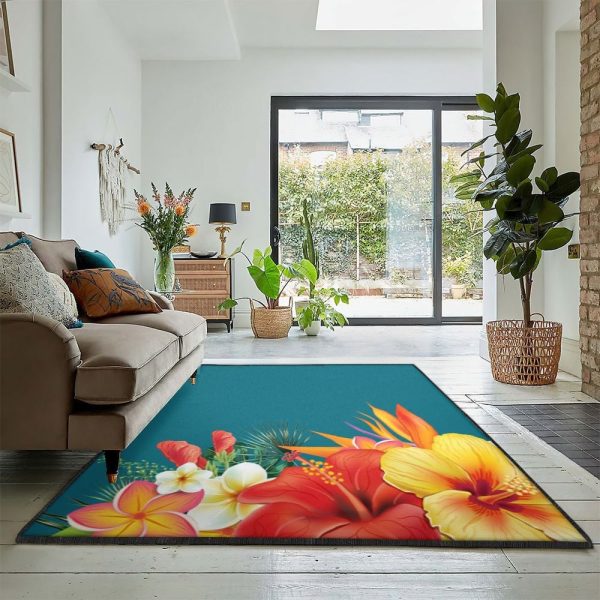 Flower Garden Modern Rugs Hawaiian Tropical Flower Hibiscus Rug Rectangle Rugs Washable Area Rug Non-Slip Carpet For Living Room Bedroom