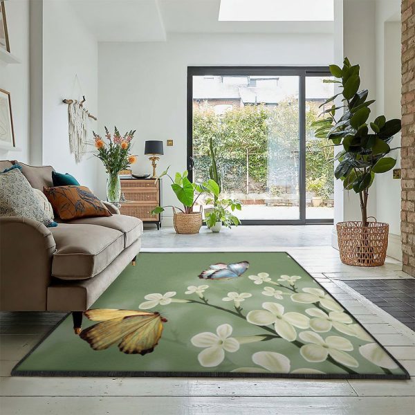 Green Color Large Green With White Flower Rug Rectangle Rugs Washable Area Rug Non-Slip Carpet For Living Room Bedroom