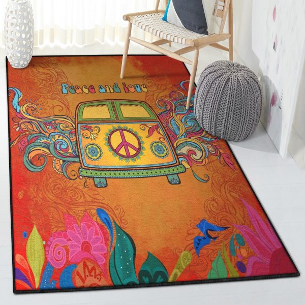 Love And Peace Washable Vintage Peace And Love Bus Rug Rectangle Rugs Washable Area Rug Non-Slip Carpet For Living Room Bedroom