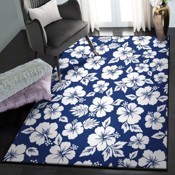 Hibiscus Kitchen Rugs White Blue Hibiscus Floral Rug Rectangle Rugs Washable Area Rug Non-Slip Carpet For Living Room Bedroom - Image 2