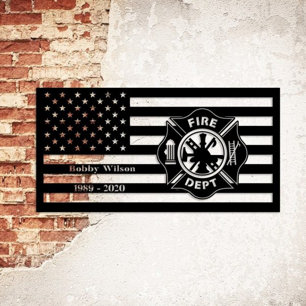 Custom Name Date Retired Firefighter Logo Metal Sign, American Flag Wa - Image 3