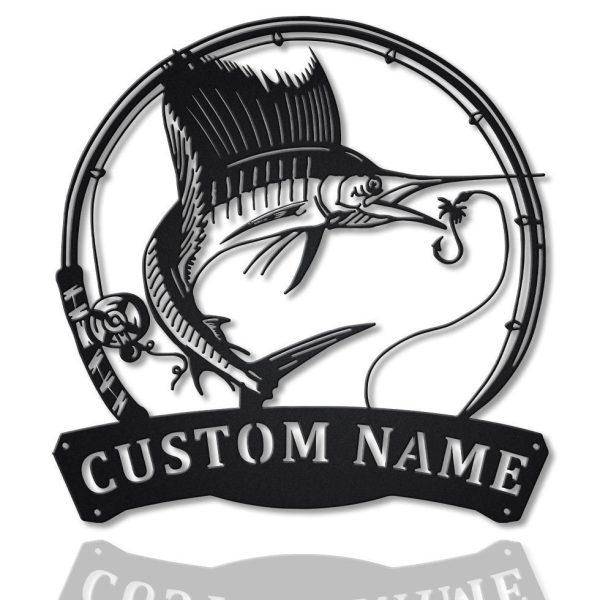 Personalized Sailfish Fishing Fish Pole Metal Sign Art, Custom Sailfis