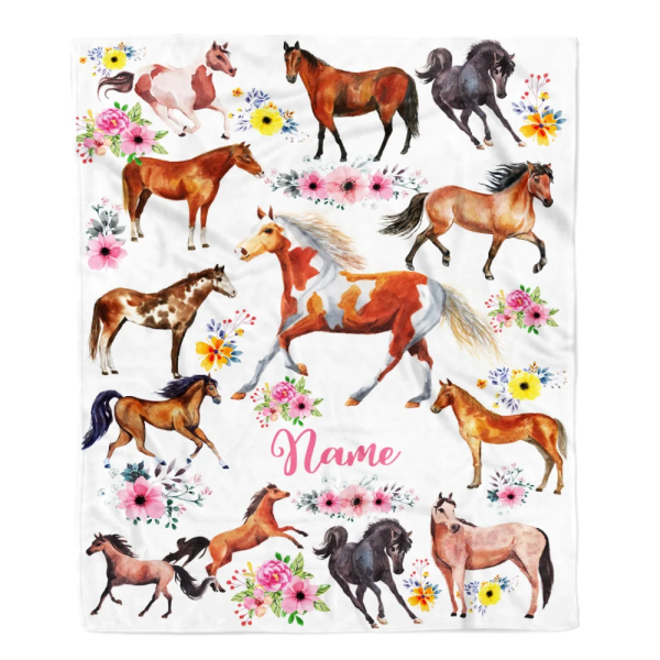 Personalized Horse For Girl Blanket Loves Horses Flower Floral For Dau