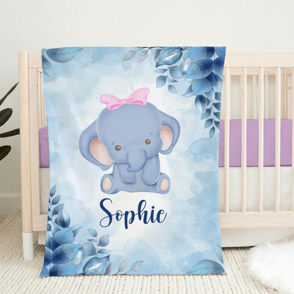 Personalized Baby Blankets with name, Elephant baby blanket Blue color - Image 2