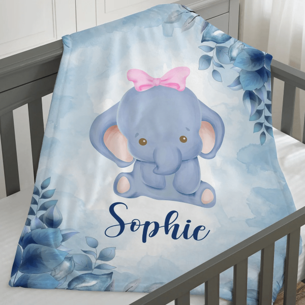 Personalized Baby Blankets with name, Elephant baby blanket Blue color - Image 3