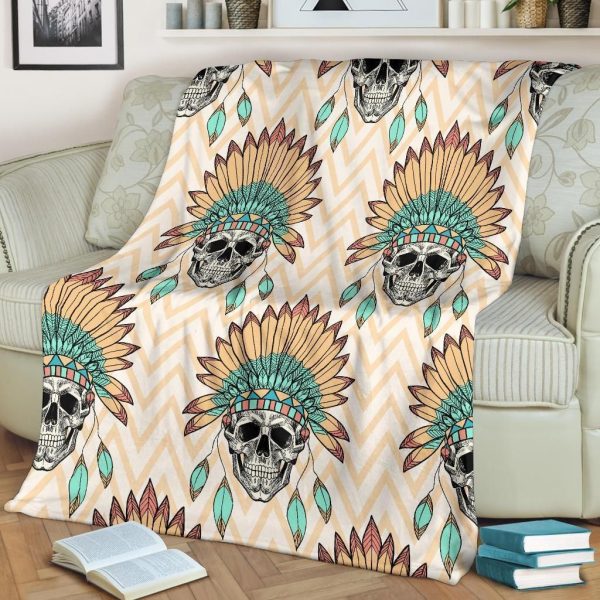 Indian Skull Pattern Pink And White Zigzag Fleece Blanket - Image 2