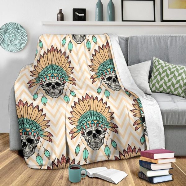 Indian Skull Pattern Pink And White Zigzag Fleece Blanket - Image 3