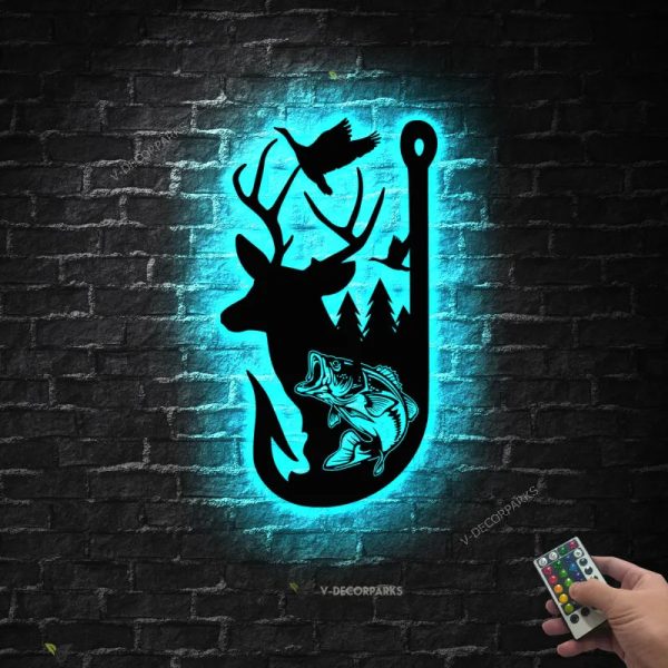 Deer Duck And Fish Hunting Metal Wall Art Led Light Hunter Name Sign H