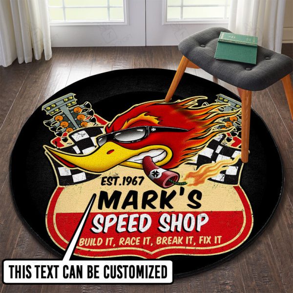 Personalized Hot Rod Garage Round Mat